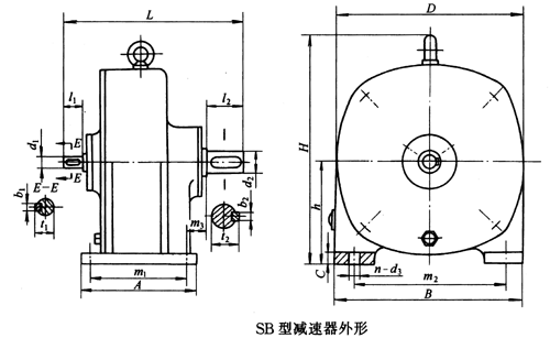 SB系列雙擺線針輪減速機外形及安裝尺寸、針齒中心圓直徑及傳動比
